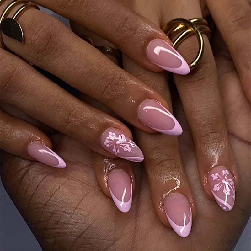 24Pcs Sweet Almond Nails Set Press On Nails Cute Mini Flower False Nail Floral Bow Diamond Full Cover Artificial Nails Art Tips
