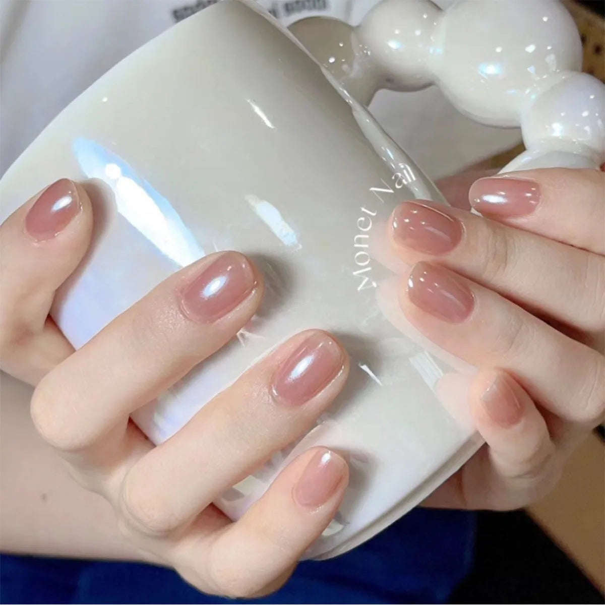 24pcs Suqare Head Press on Nails Cat Eye False Nails with Glue Simple French Nail Full Cover Glossry Nude Artificial Fake Nails