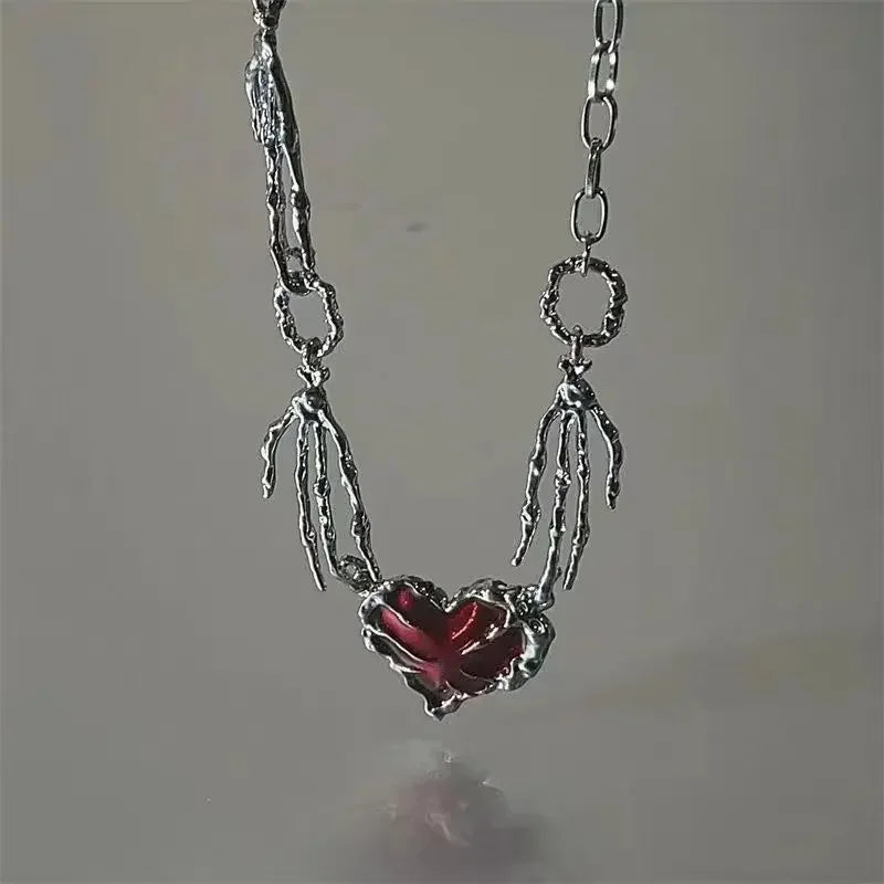 New Red Love Heart Pendant Necklace Women Exaggerated Clavicle Chain Niche Design Hand Bone Shape Charm Chain