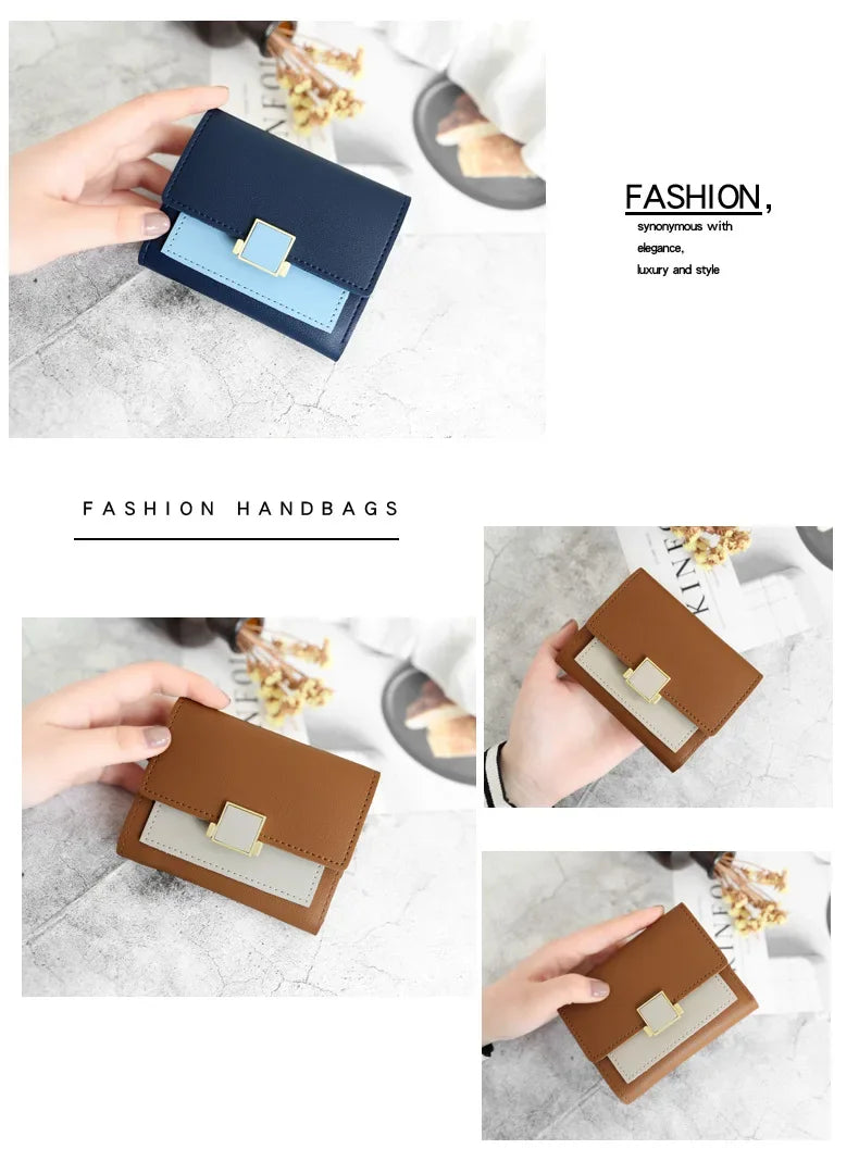 Patchwork Short Women's Wallet Fashion Square Clutch Money Credit Multiple Card Holders Metal Buckle Tri-Fold Ladies Coin Purse