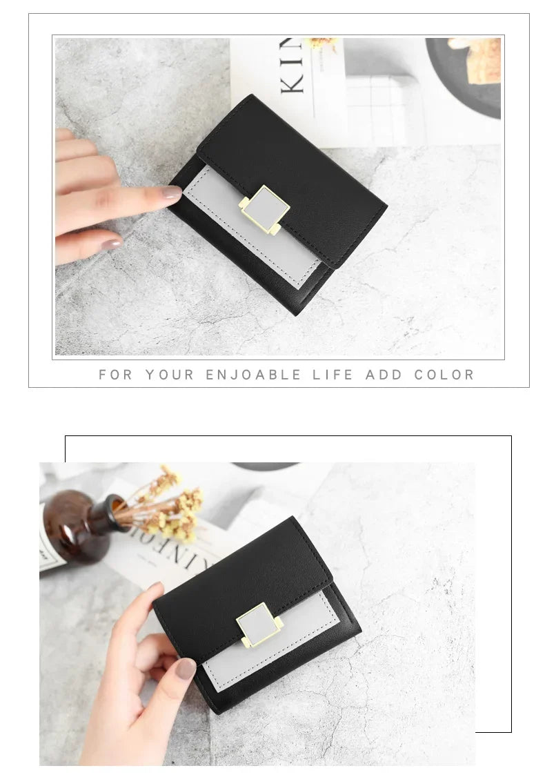 Patchwork Short Women's Wallet Fashion Square Clutch Money Credit Multiple Card Holders Metal Buckle Tri-Fold Ladies Coin Purse
