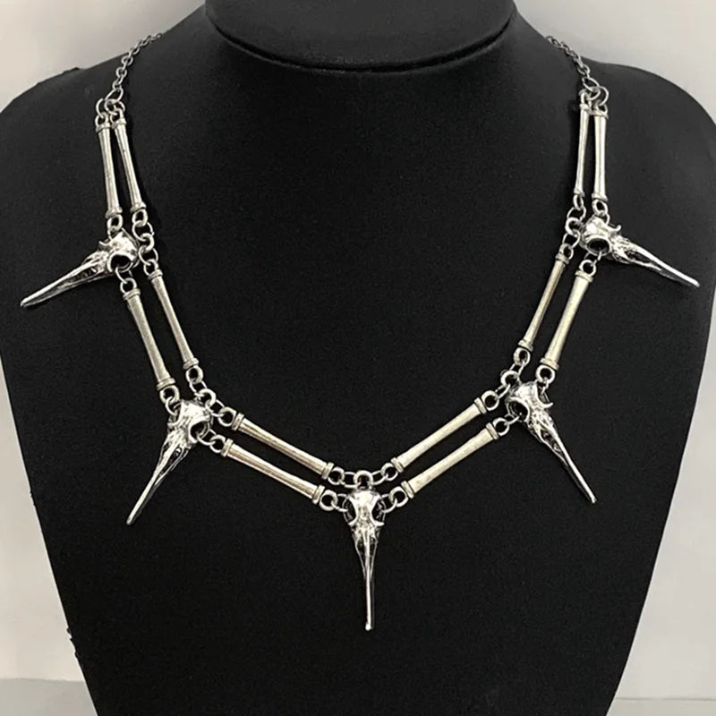 Gothic the raven Pendant Necklace Antiqued Silver Bird Skull, Witch Skull  Necklace Unisex Mens Necklace Boho Statement Necklace