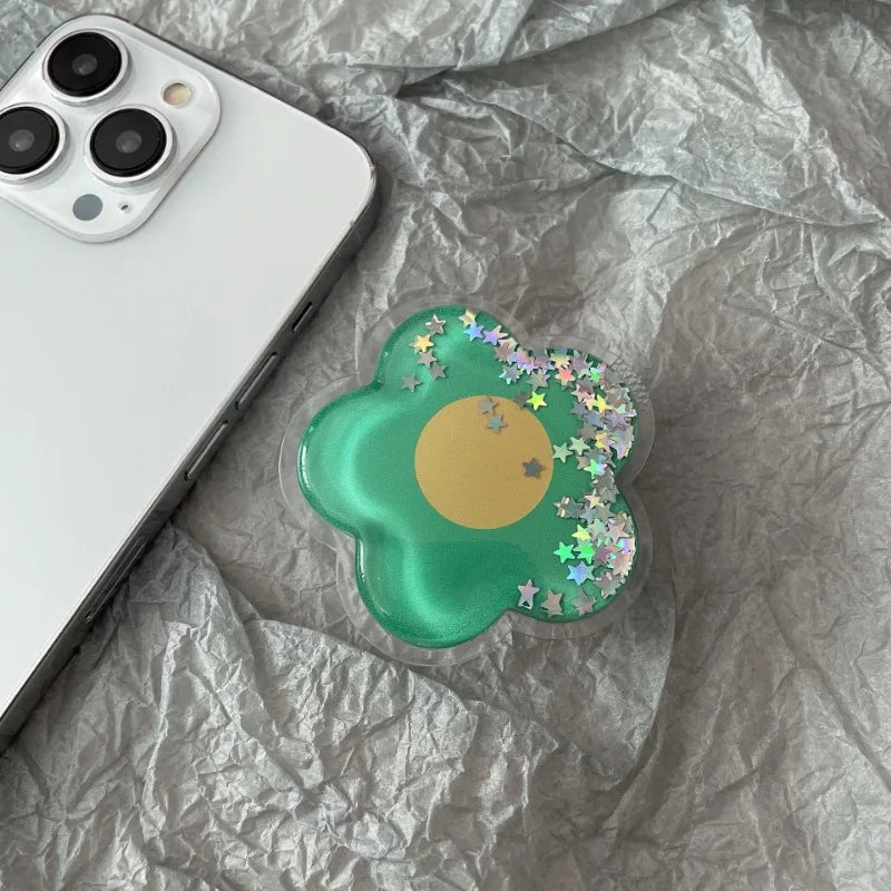 Cartoon Glitter Flowers Liquid Quicksand Phone Grip Stand Holder For iPhone Samsung Huawei Xiaomi Universal Finger Ring Bracket