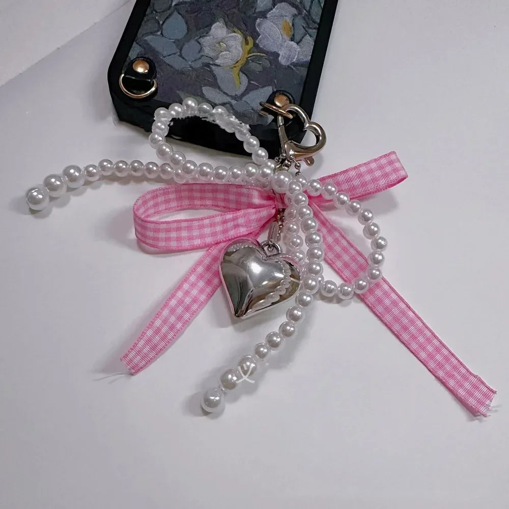 Blue Pink Lattice Ribbon Keychains Bowknot Pearls Heart Bag Pendant Elegant Beaded Keyring Y2k Sweet Korea Jewelry Accessories