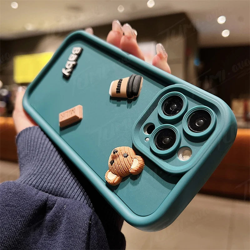 Coffee Bear Shockproof Soft Phone Case For iPhone 15 14 13 12 11 Pro Max X XR 7 8 Plus Candy Liquid Silicone Bumper Back Cover
