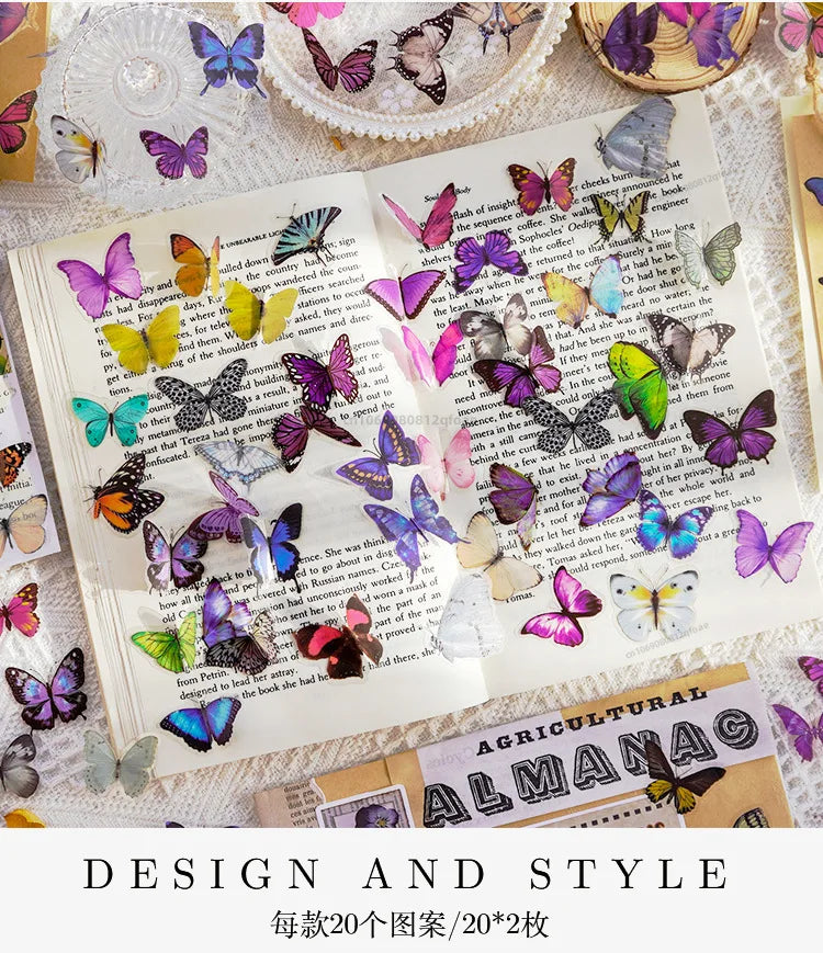40pcs/pack Butterfly Series Stickers Art Collage Junk Journal DIY Scrapbooking PET Waterproof Craft Aesthetics Stickers