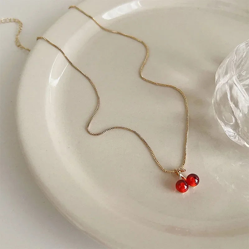 Red Cherry Pendant Necklace Stud Earrings Set Women's Fashion Fruit Necklace Earrings Jewery Set For Party Wedding Girls Gifts