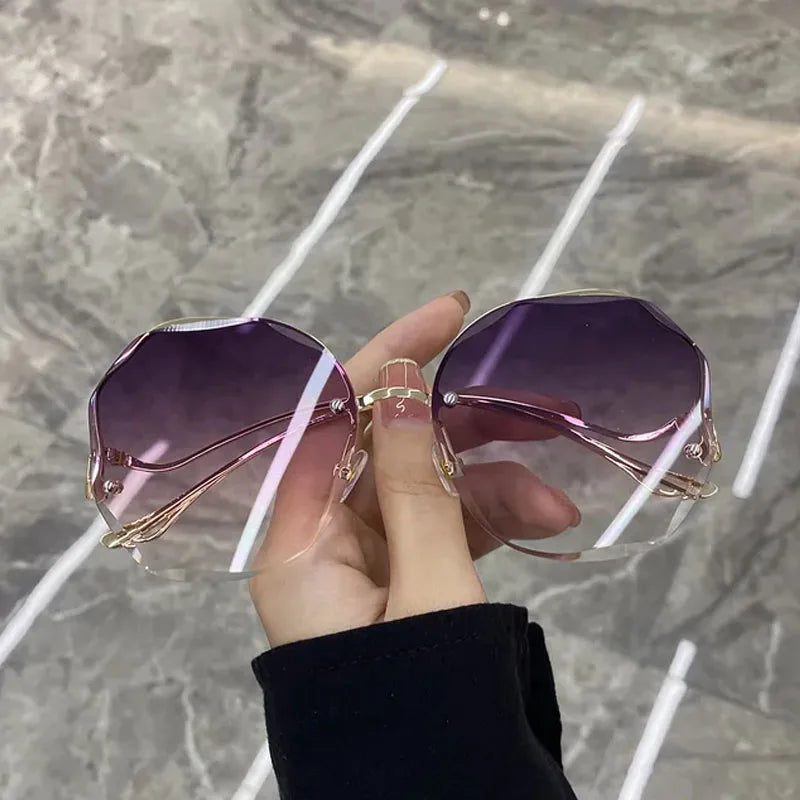 Luxury Round Gradient Sunglasses Women Metal Curved Temples Eyewear Ocean Rimless Fashion Sun Glasses Ladies UV400
