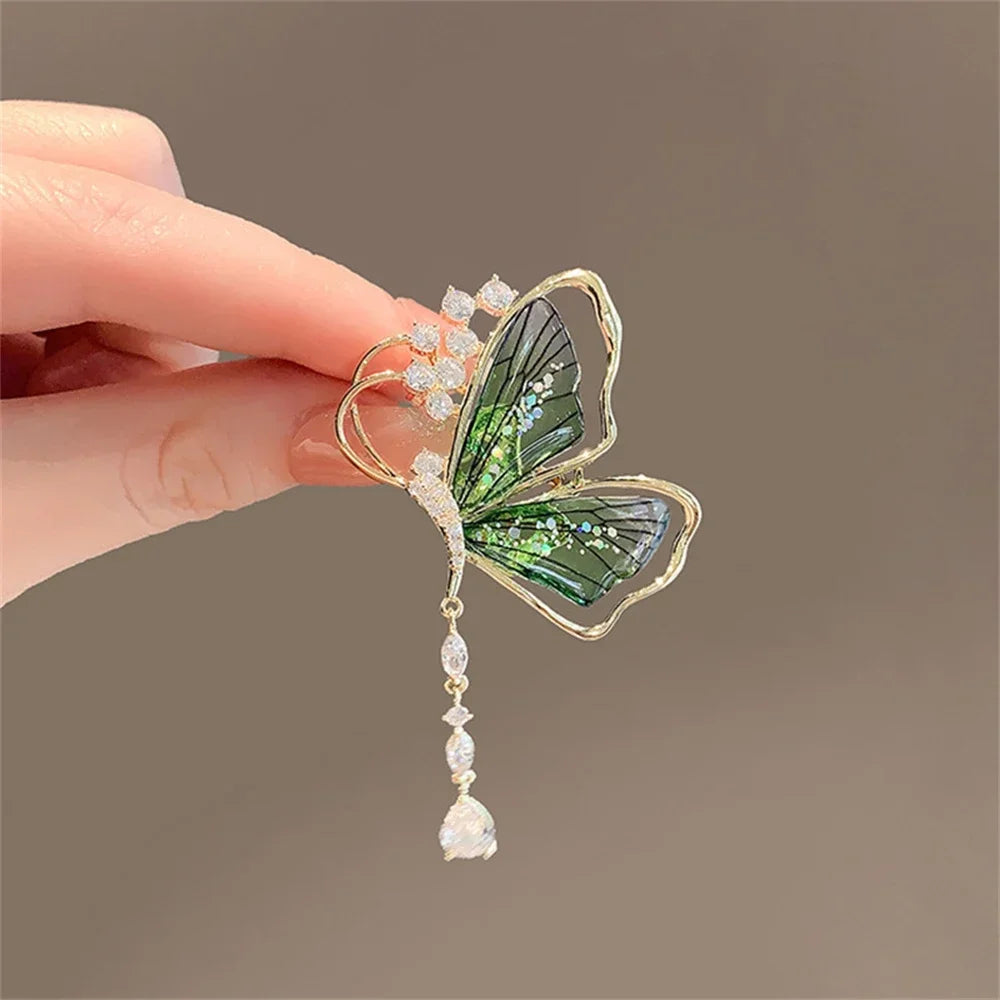 Exquisite Green Crystal Butterfly Brooch Fashion Metal Lapel Pins for Women Girl Suit Sweater Badges Jewelry Accessories Gift