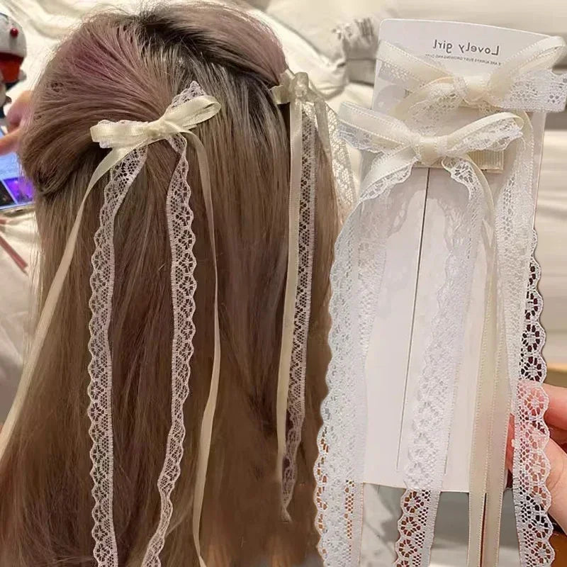 2pcs Korean Fashion Lace Bow Hairpin Women Girls Ribbon Hair Clips White Long Ribbon Bow Top Clip Female Hair Accessories Gifts