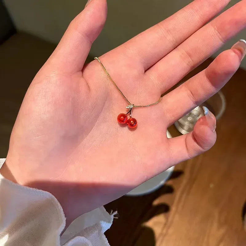 Red Cherry Pendant Necklace Stud Earrings Set Women's Fashion Fruit Necklace Earrings Jewery Set For Party Wedding Girls Gifts
