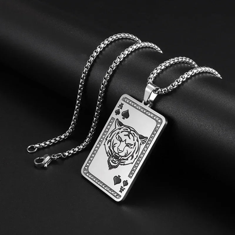 Hip-Hop Iced Out Spades Playing Card Necklace Men\'s Personalized Street Hip-Hop Rock Trend Jewelry Cool Luck Necklace