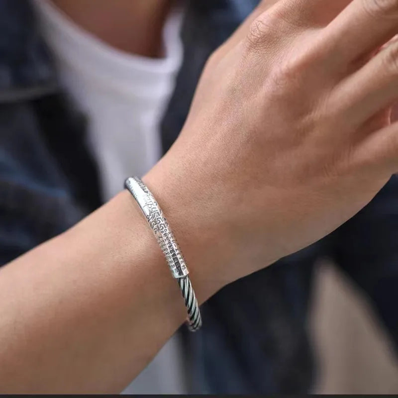 Silver-Plated Retro Six-Character Mantra Bracelet Men\\'s Heart Sutra Cuff Bangles Buddhist Religion Lucky Amulet Jewelry