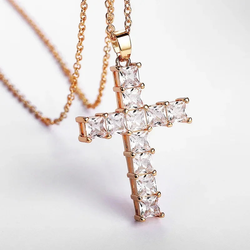 Shiny Ice Crystal Zircon Christian Cross Pendant Men and Women Hip Hop Trend Jewelry Catholic Amulet Necklace