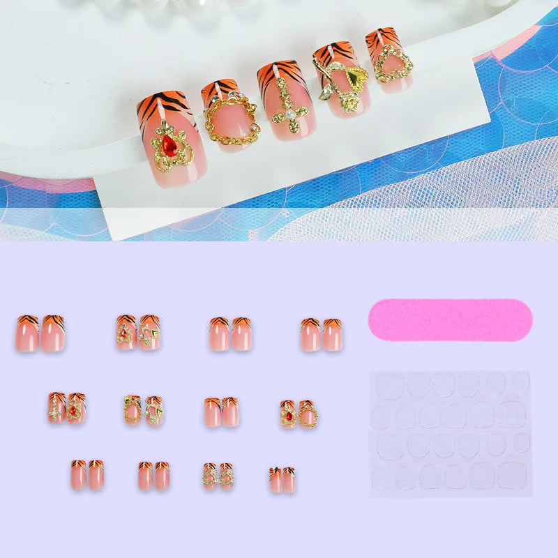24pcs French Fake Nails with Glue Animal Print False Nails Short Square Press on Nails Diamond Cross Nail Press Ons Sweet Cool
