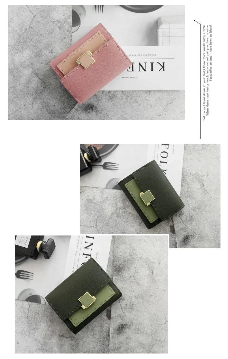 Patchwork Short Women's Wallet Fashion Square Clutch Money Credit Multiple Card Holders Metal Buckle Tri-Fold Ladies Coin Purse