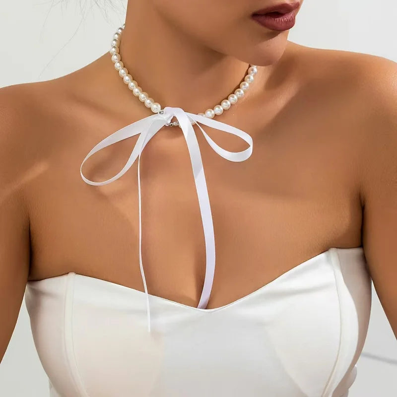 Wedding Party White Imitation Pearl Choker Necklace Fashion Bow Tie Long Ribbon Necklace Personality Simple Jewelry