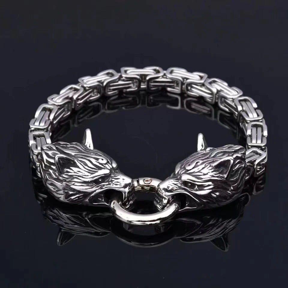 Nordic  Celtic Double Wolf Head Men's Stainless Steel Chain Bracelet Byzantine King Chain Punk Rock Party Jewelry
