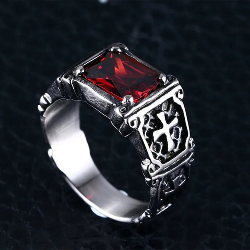 Christian Gothic Red Gemstone Cross Ring Vintage Catholic Prayer Amulet Jewelry for Men