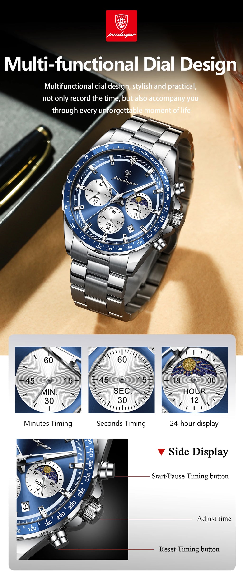 POEDAGAR Luxury Sport Watch For Men Waterproof Luminous Date Chronograph Man Wristwatch Stainless Steel Men's Quartz Watches+Box