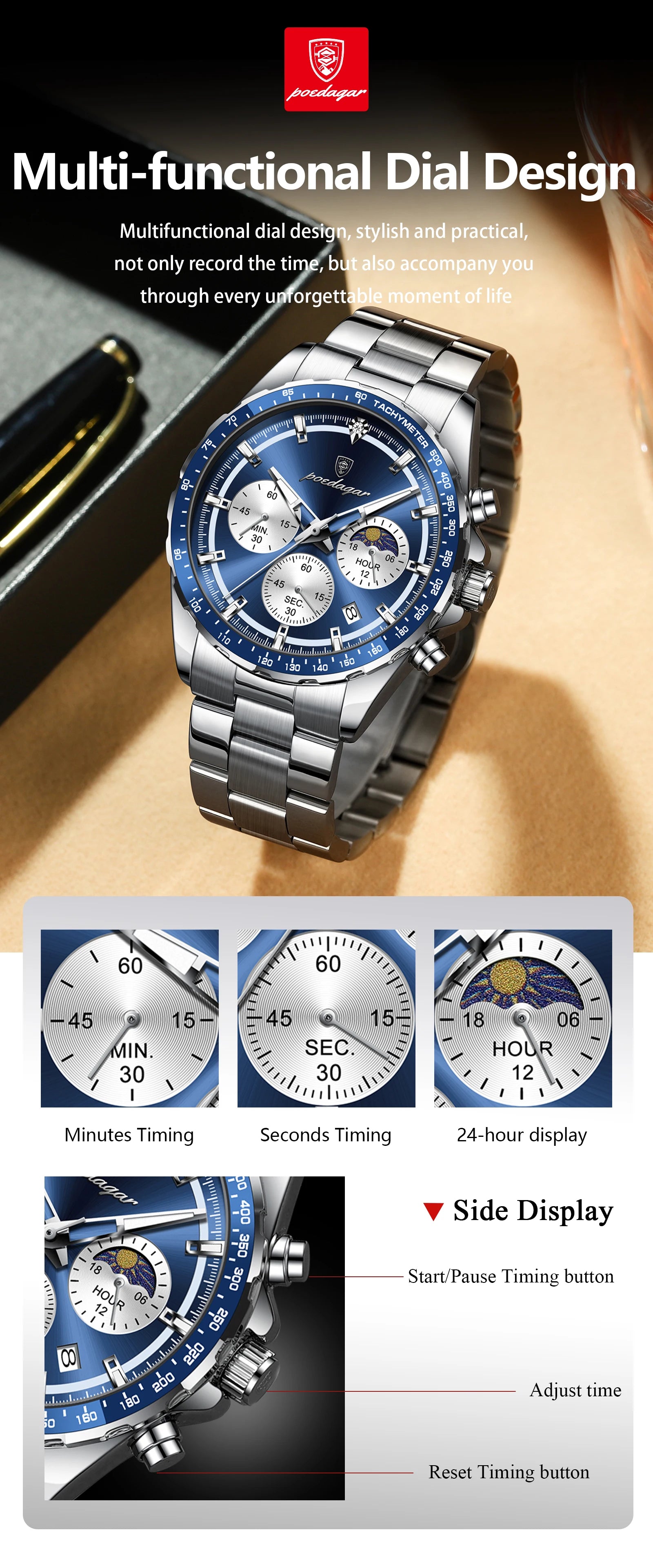 POEDAGAR Luxury Sport Watch For Men Waterproof Luminous Date Chronograph Man Wristwatch Stainless Steel Men's Quartz Watches+Box