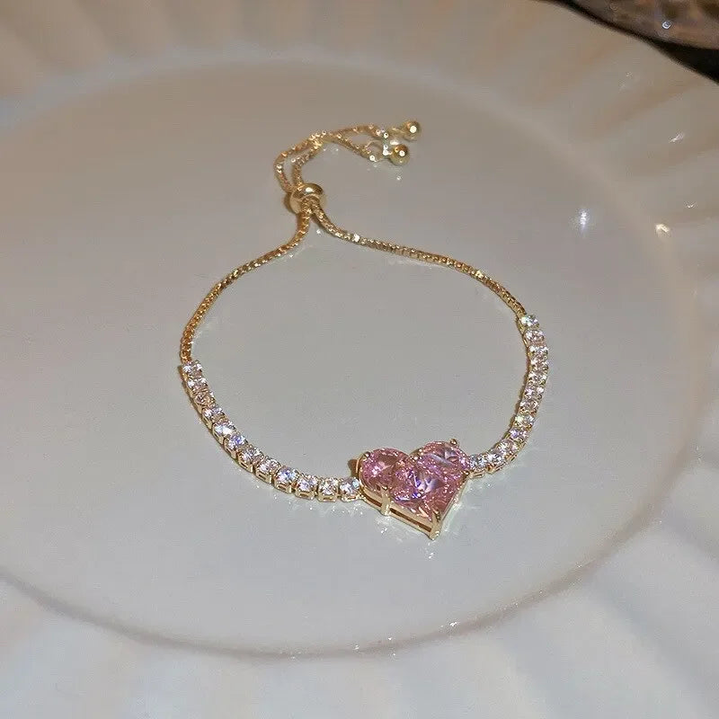 Inlaid Square Zircon Rhinestone Chain Bracelet For Women White Pink Love Heart Bracelets Bangles Wristband Jewelry Gift For Girl