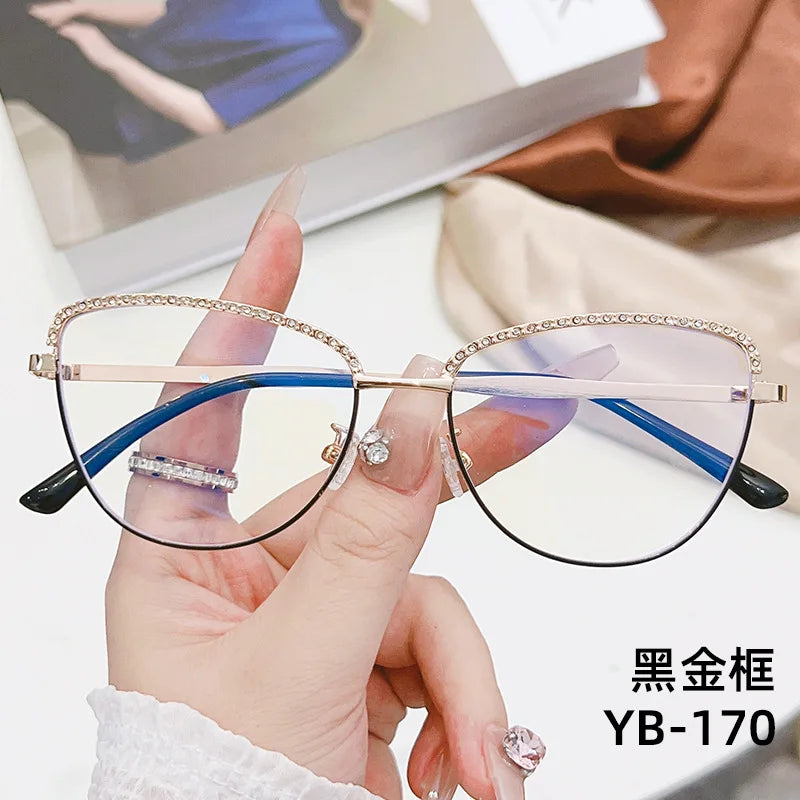 New Metal Anti Blue Light Glasses Fashionable Cat Eye Flat Lenses Large Frame Computer Eyeglasses Oculos De Grau Feminino