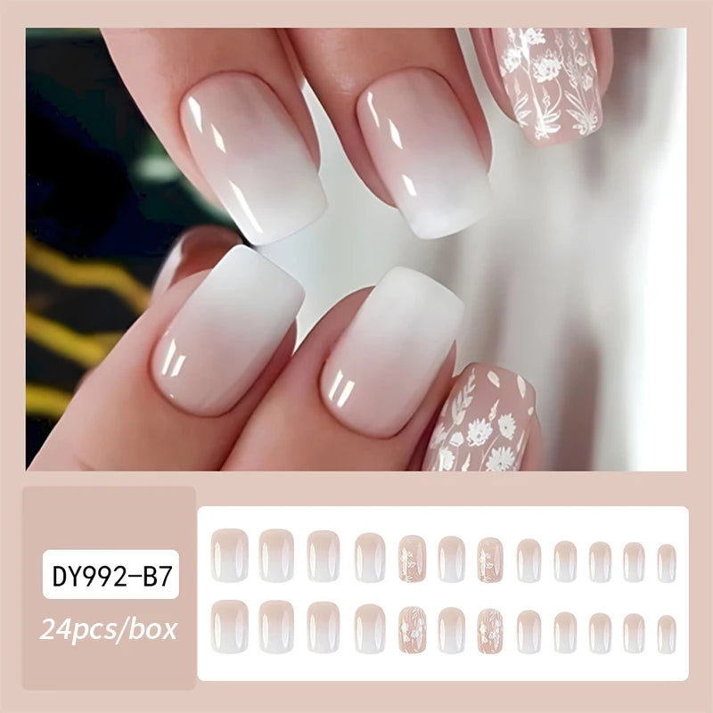 24pcs Short Matte Fake Nails For Women Cute Bride Red Blush French Tips Faux Ongles Press On False Nail Supplies No Jelly Glue