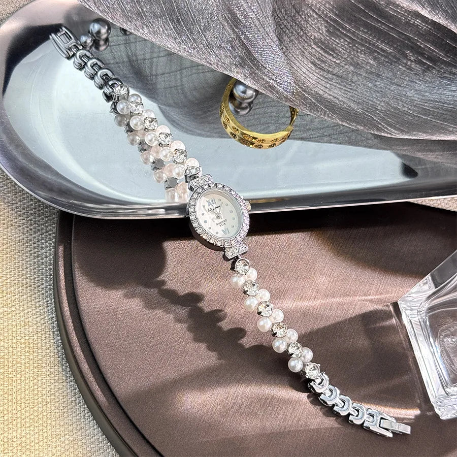 New Hot Pearl Bracelet Watch Luxury Diamond Encrusted Women Quartz Watch Oval Dial Ladies Wristwatches Dropshipping clock