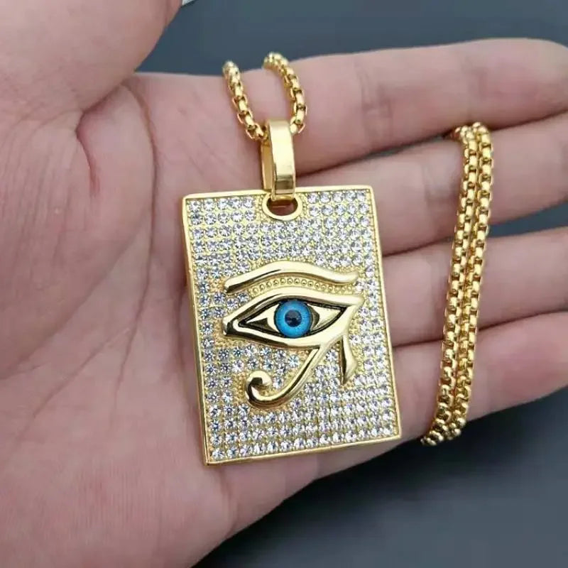 Shining Iced Out Ancient Egyptian God Eye of Horus Cross Pendant Necklace for Men and Women Hip Hop Trendy Amulet Jewelry Gift