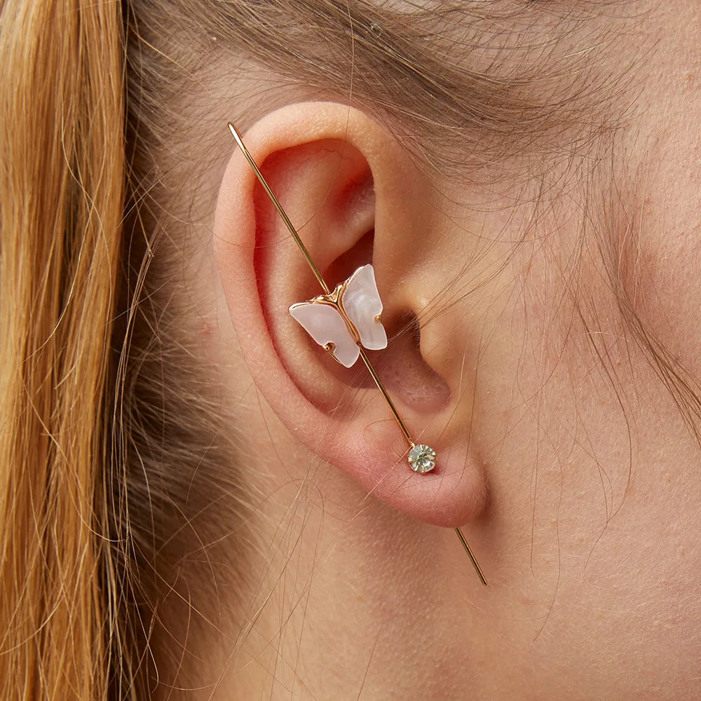 LATS Fashion Crystal Butterfly Clip Earring for Women Pearl Bead Ear Cuff Long Tassels Charm Hollow Earrings Clip Jewelry Gifts