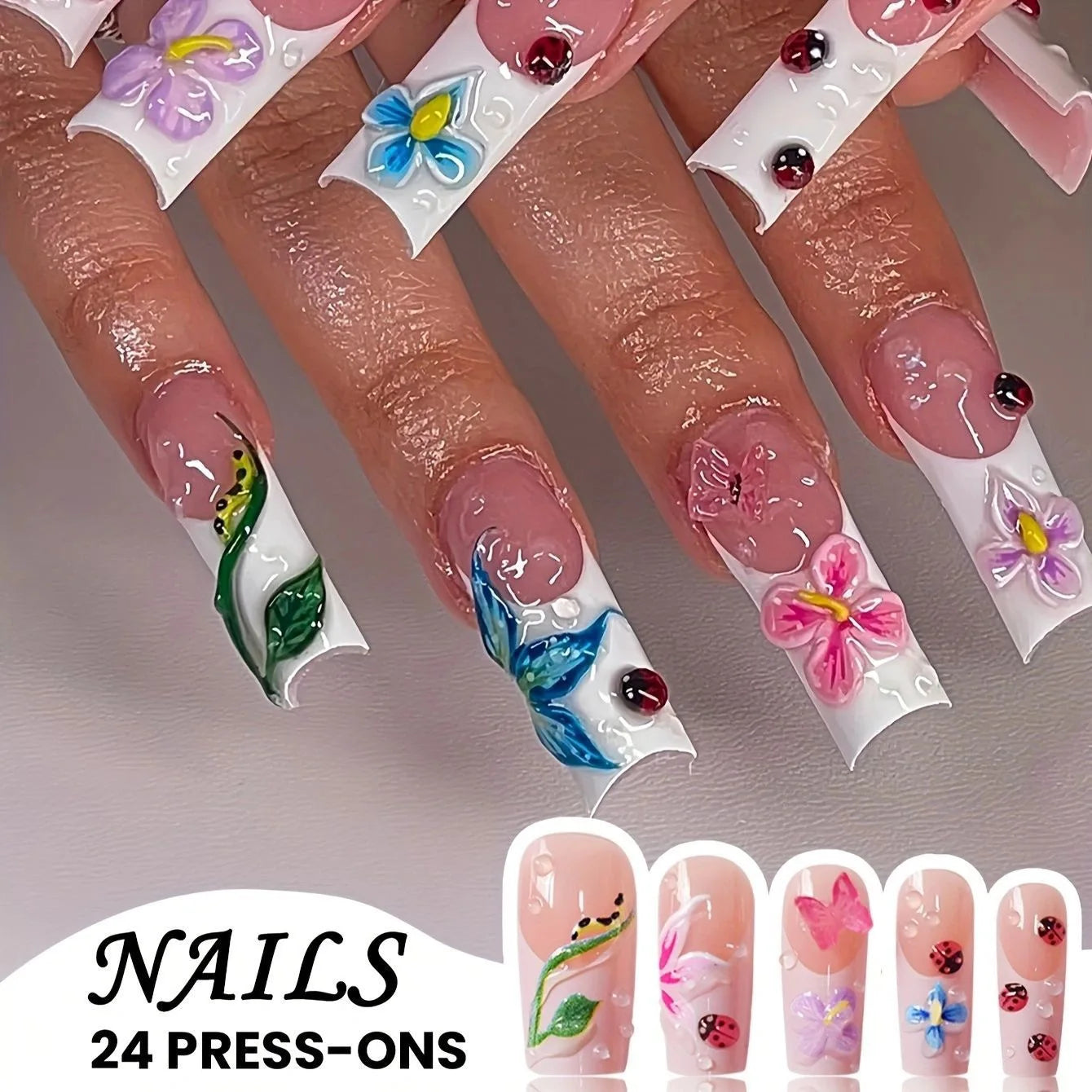 24Pcs Pure White French Press on Nails Long Square Head False Nails with Pearl Pink Bow Design Ballet Wearable Fake Nails