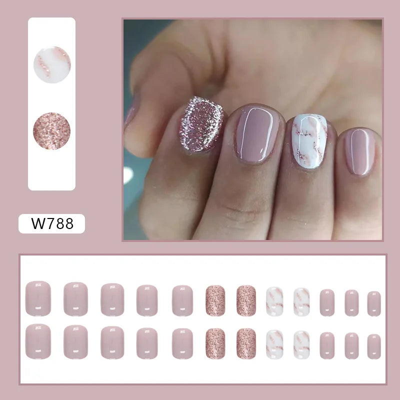 Sweet French 24 Pcs Press on Nails Pink Gradient Fake Nails Glossy Artificial Finger Manicure Reusable False Nails for Women