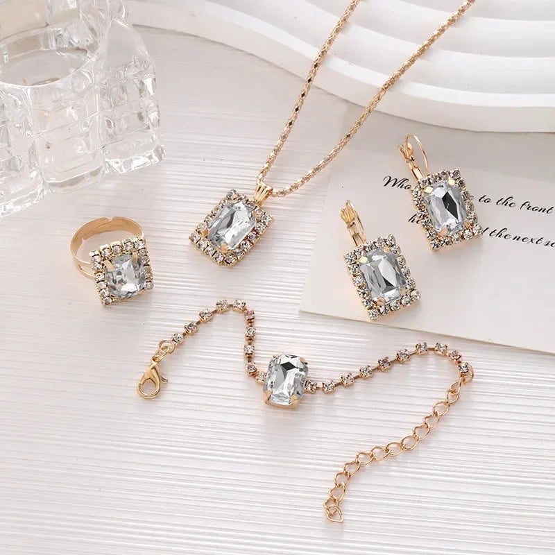 5PCS Zircon Jewelry Set Geometric Square Zircon Necklace Bracelet Ring for Women's Clavicular Chain Fashion  Jewelry Set