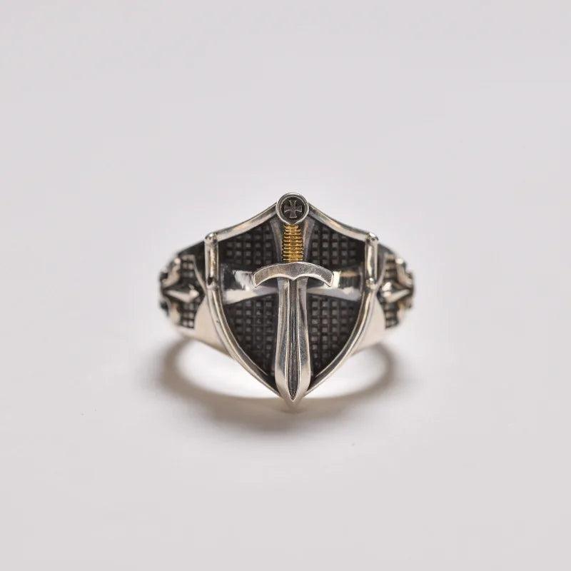 Punk Excalibur Open Ring Vintage Medieval Templar Shield Ring Men's Domineering Cool Trend Jewelry Gift