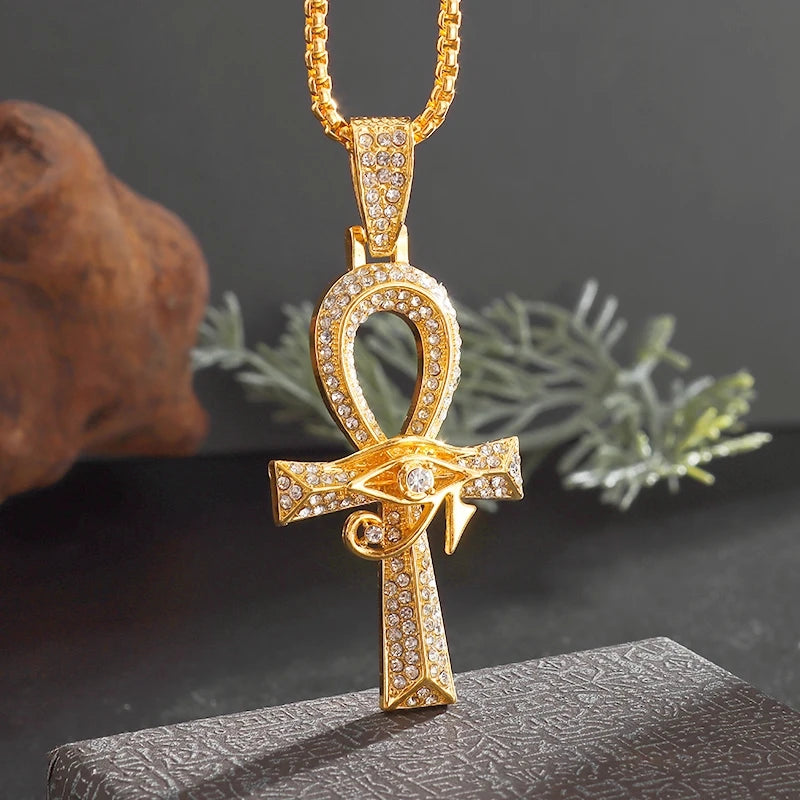 Shining Iced Out Ancient Egyptian God Eye of Horus Cross Pendant Necklace for Men and Women Hip Hop Trendy Amulet Jewelry Gift