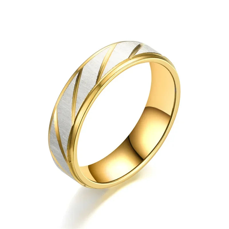 Fashion Gold Stripes Couple Rings 6mm 4mm Stainless Steel Contrast Color Jewelry Valentine's Day Gifts