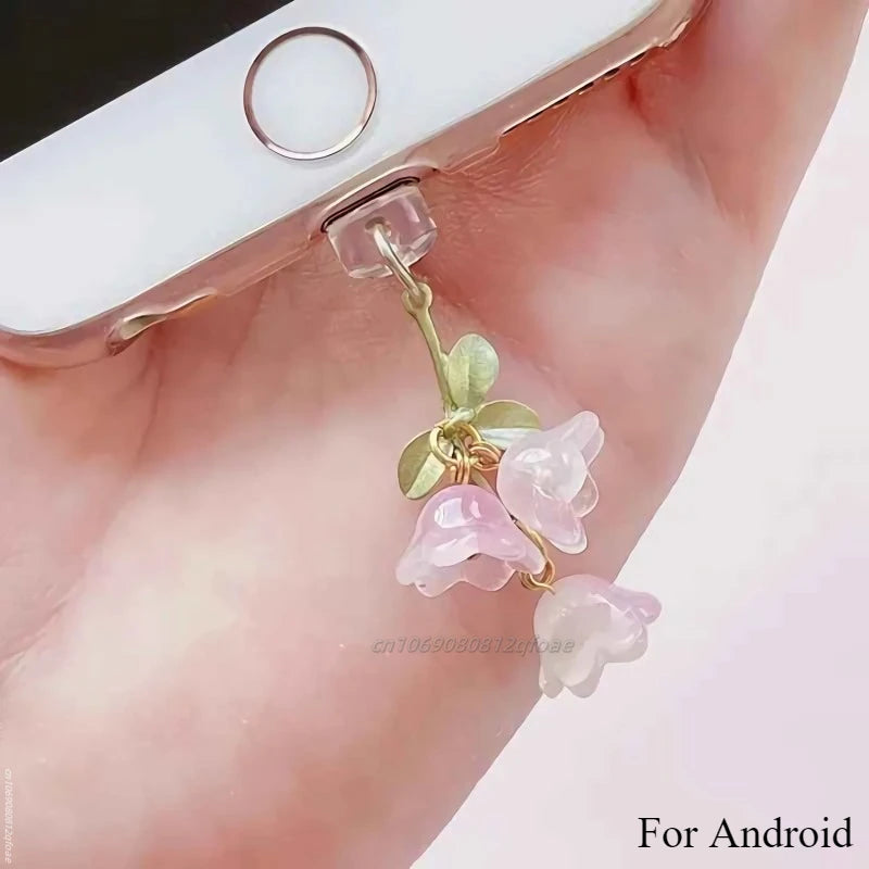 1PC For Phone/Type-C Interface Cute Pink Lily Of The Valley Phone Charm Flower Green Leaf Dust Plug DIY Accessories