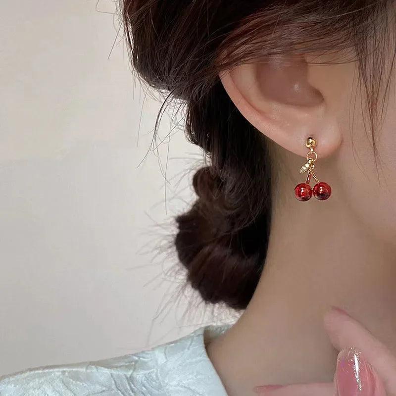 Red Cherry Pendant Necklace Stud Earrings Set Women's Fashion Fruit Necklace Earrings Jewery Set For Party Wedding Girls Gifts