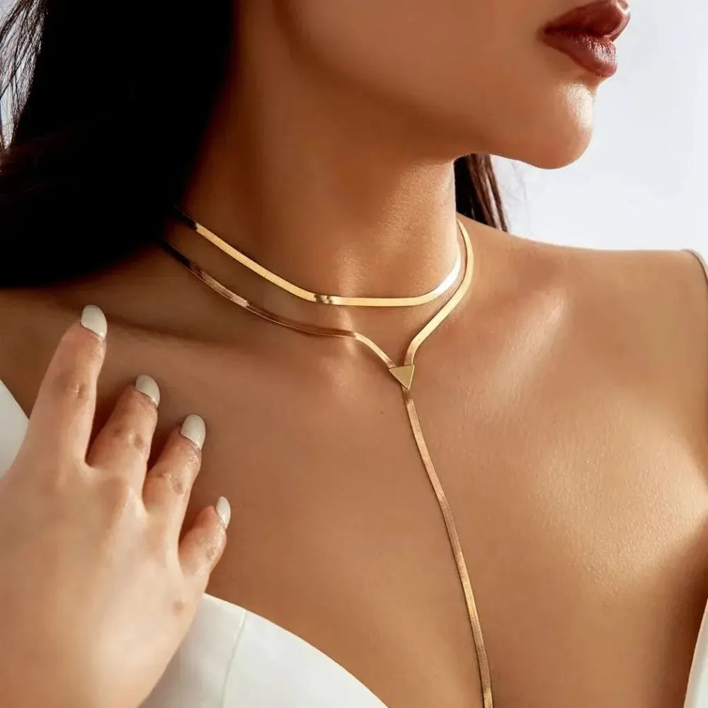 Vintage Multilayer Triangle Pendant Long Snake Chain Necklace for Women Classic Goth Chest Clavicle Choker Neck Jewelry Gift