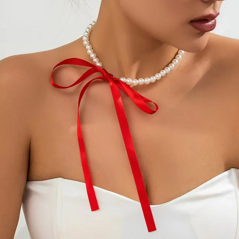 Wedding Party White Imitation Pearl Choker Necklace Fashion Bow Tie Long Ribbon Necklace Personality Simple Jewelry