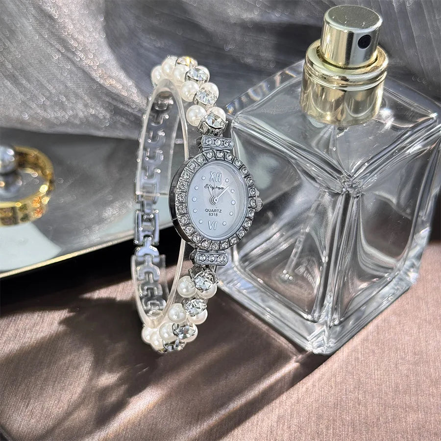 New Hot Pearl Bracelet Watch Luxury Diamond Encrusted Women Quartz Watch Oval Dial Ladies Wristwatches Dropshipping clock
