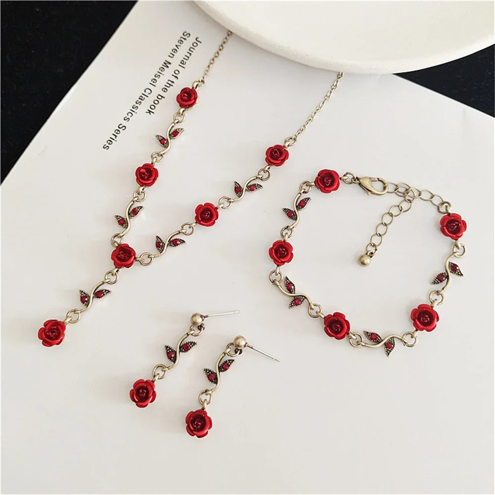 Luxurious Design Rose Flower Necklace Bracelet Earrings Set Elegant Women's Party Jewelry Accessories Valentine's Day Love Gifts