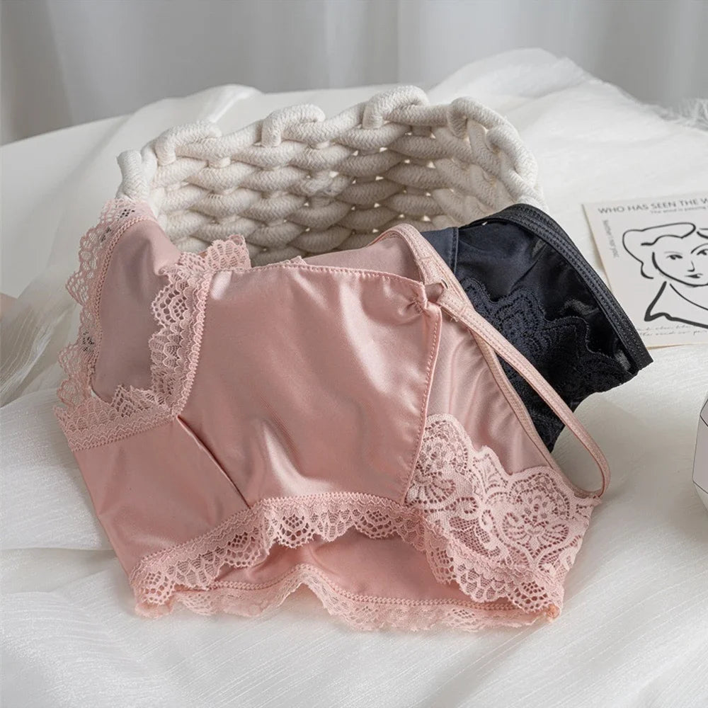 High-quality Satin Panties Soild Color Breathable Underwear Women French Sexy Lace Bow Lingerie Mid-waist Thin Mesh Briefs 도매