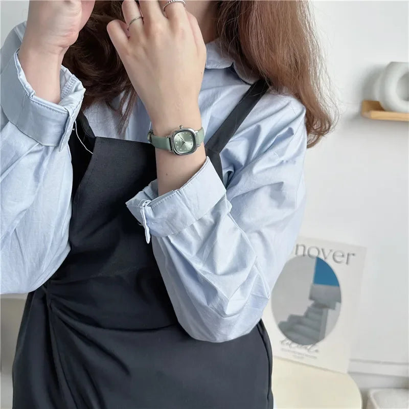 Luxury Women Quartz Watch Leather Strap Small Square Dial Green Watch Casual Fashion Versatile Vintage Wristwatches Dropshipping