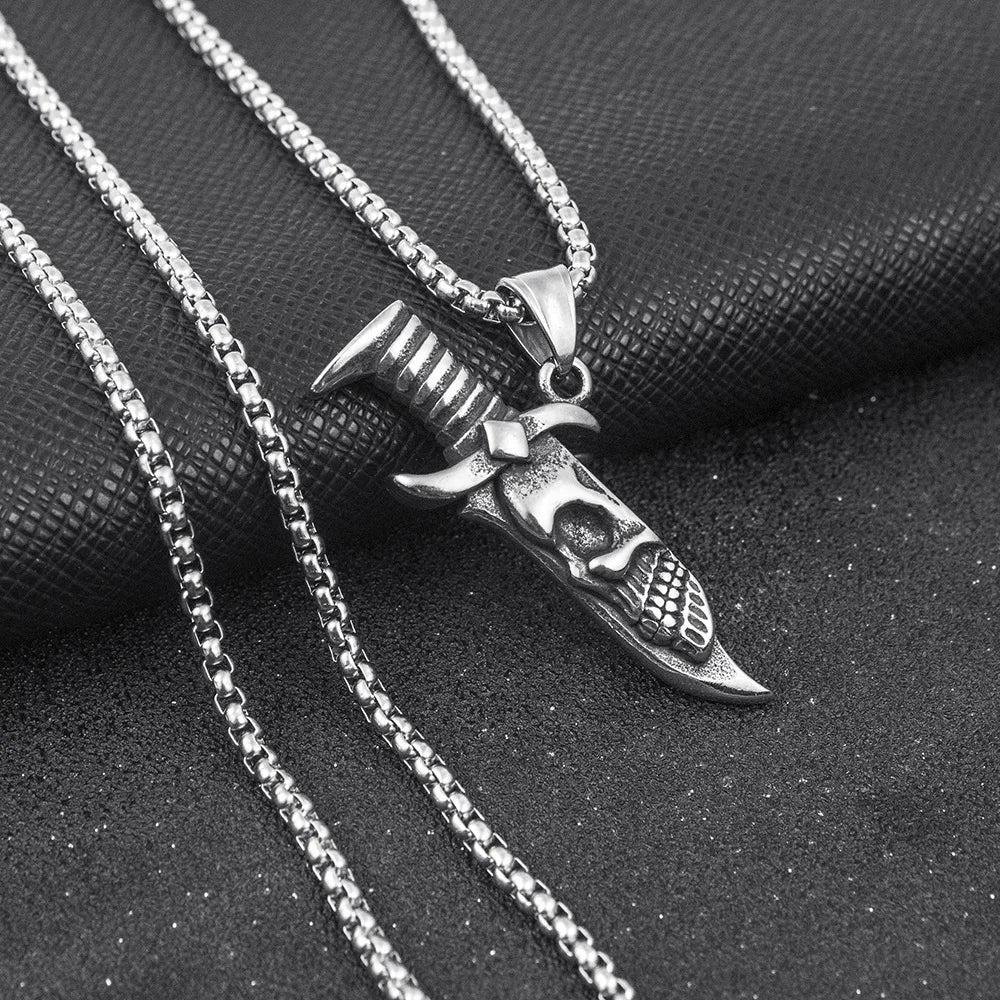 Men's Necklace Stainless Steel Dagger Skull Pendant Vintage hip-hop Jewelry Silver Color Male Neck Chain Punk Jewelry Wholesale