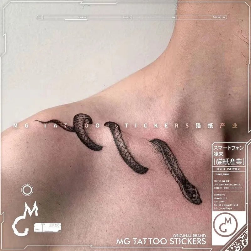 Gothic Snake Fake Tattoo for Woman Man Collarbone Punk Viper Temporary Tattoo Waterproof Black Python Tatoo Stickers Wholesale