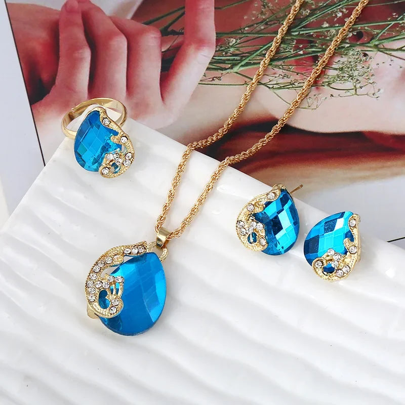 4PCS Trendy Water Droplets Peacock Jewelry Set Crystal Elegant Creative Series Peacock Exquisite Crystal Korean Edition Jewelry