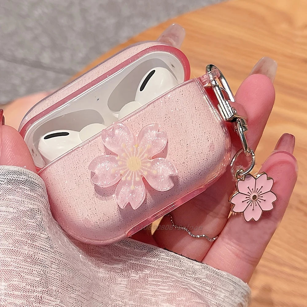 Sparkling Pink Cherry Blossom Suitable Cases for Apple AirPods Pro 1/2/3 Generation Wireless Bluetooth Earphone Case Transparent
