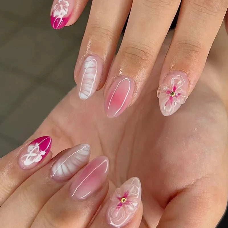 24Pcs 3D Flower Almond Nail Set Press on Nails with 3D Wave Drill False Nails French Tip Full Cover Artificial Nails Art Tips